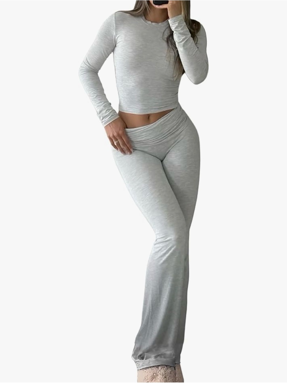 New Light Gray Two-Piece Lounge Set - Long Sleeve Crop Top & Flare Pants